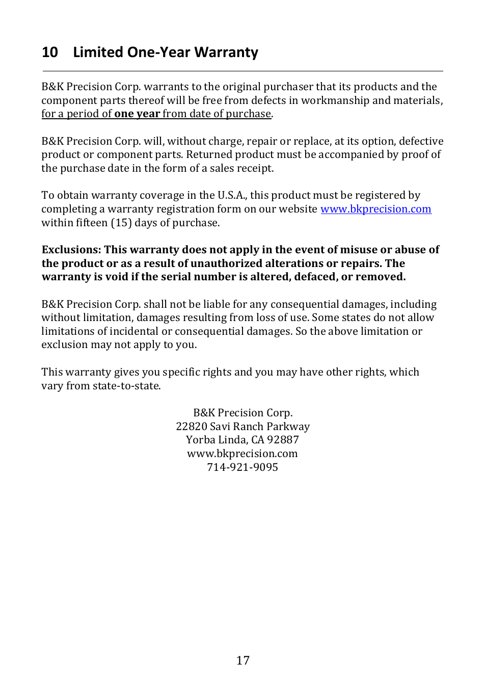 10 limited one-year warranty | B&K Precision 4030 - Manual User Manual | Page 19 / 21