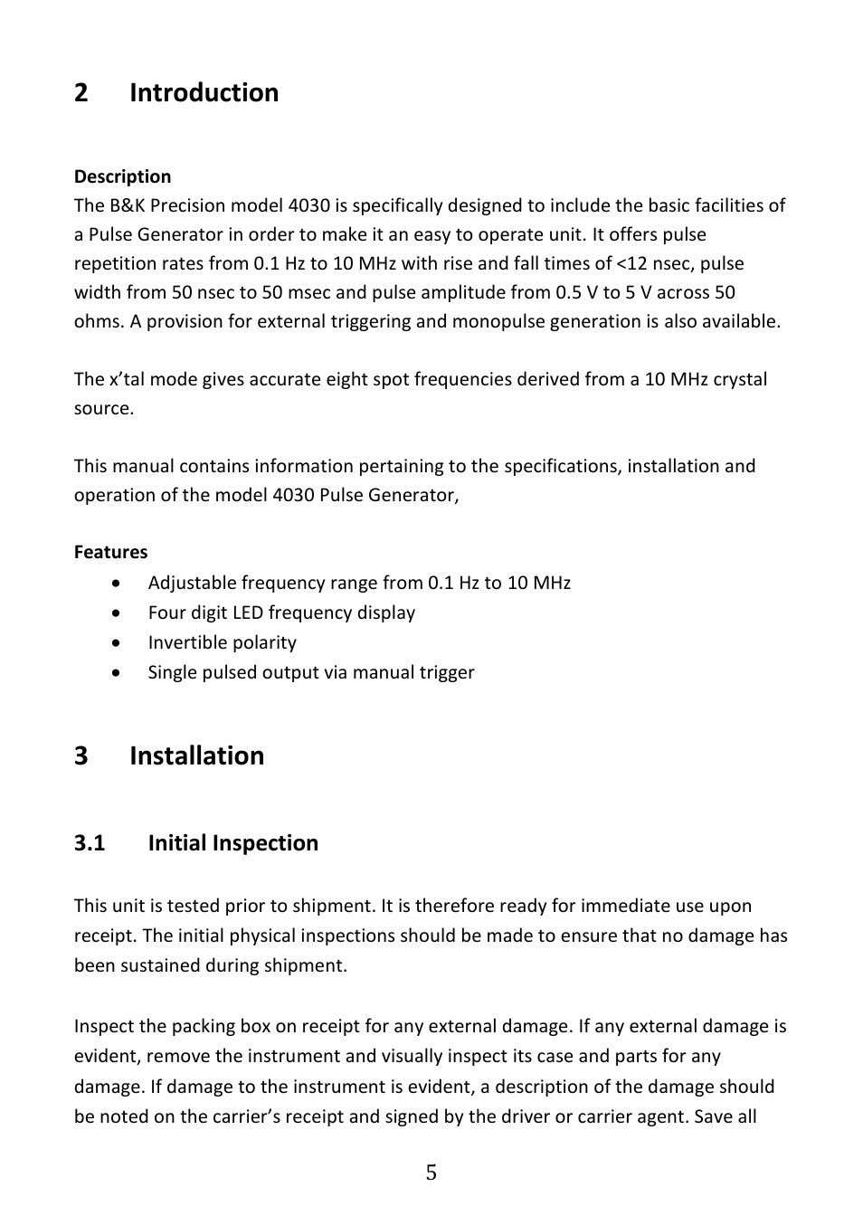 Introduction, Installation, Initial inspection | 2introduction, 3installation | B&K Precision 4030 - Manual User Manual | Page 7 / 21