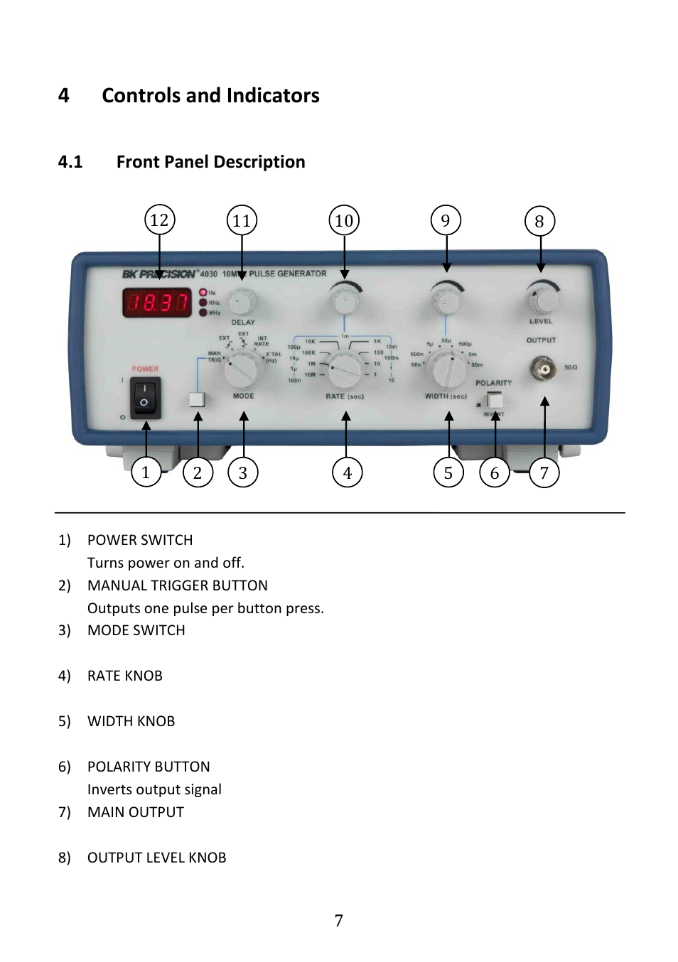 Controls and indicators, Front panel description, 4controls and indicators | 1 front panel description | B&K Precision 4030 - Manual User Manual | Page 9 / 21