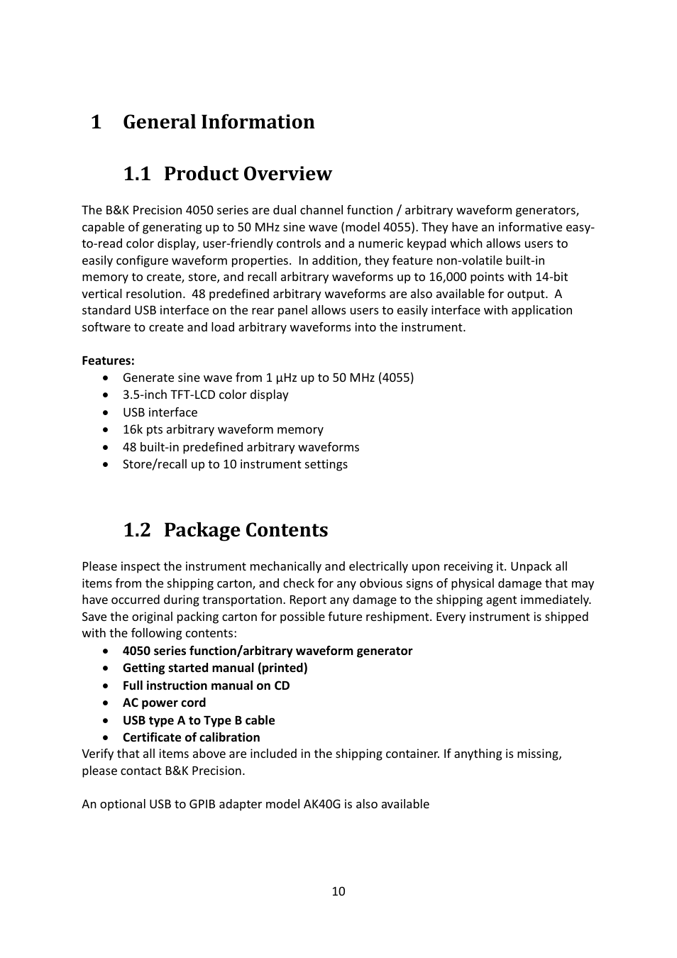 1 general information, 1 product overview, 2 package contents | General information, Product overview, Package contents | B&K Precision 4052-4055 - Manual User Manual | Page 10 / 78