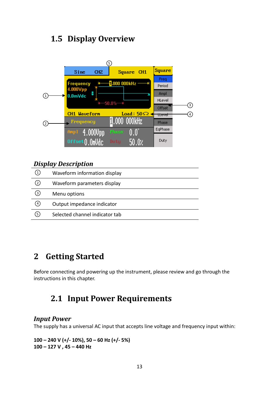5 display overview, Display description, 2 getting started | 1 input power requirements, Input power, Display overview, Getting started, Input power requirements | B&K Precision 4052-4055 - Manual User Manual | Page 13 / 78