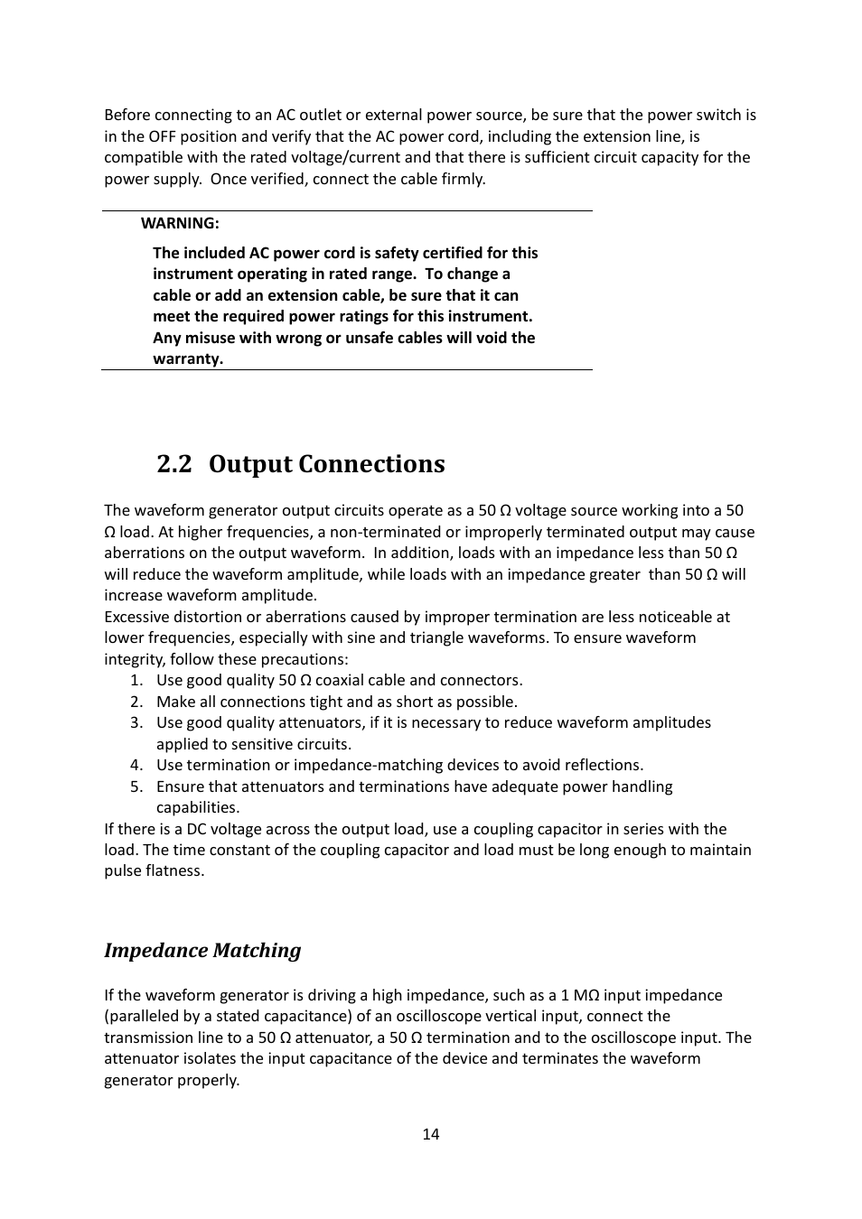 2 output connections, Impedance matching, Output connections | B&K Precision 4052-4055 - Manual User Manual | Page 14 / 78