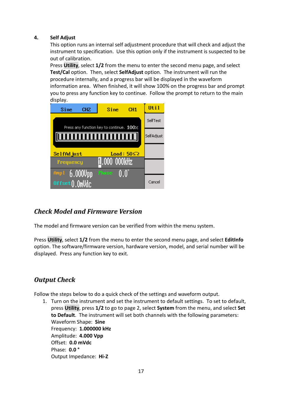 Check model and firmware version, Output check | B&K Precision 4052-4055 - Manual User Manual | Page 17 / 78