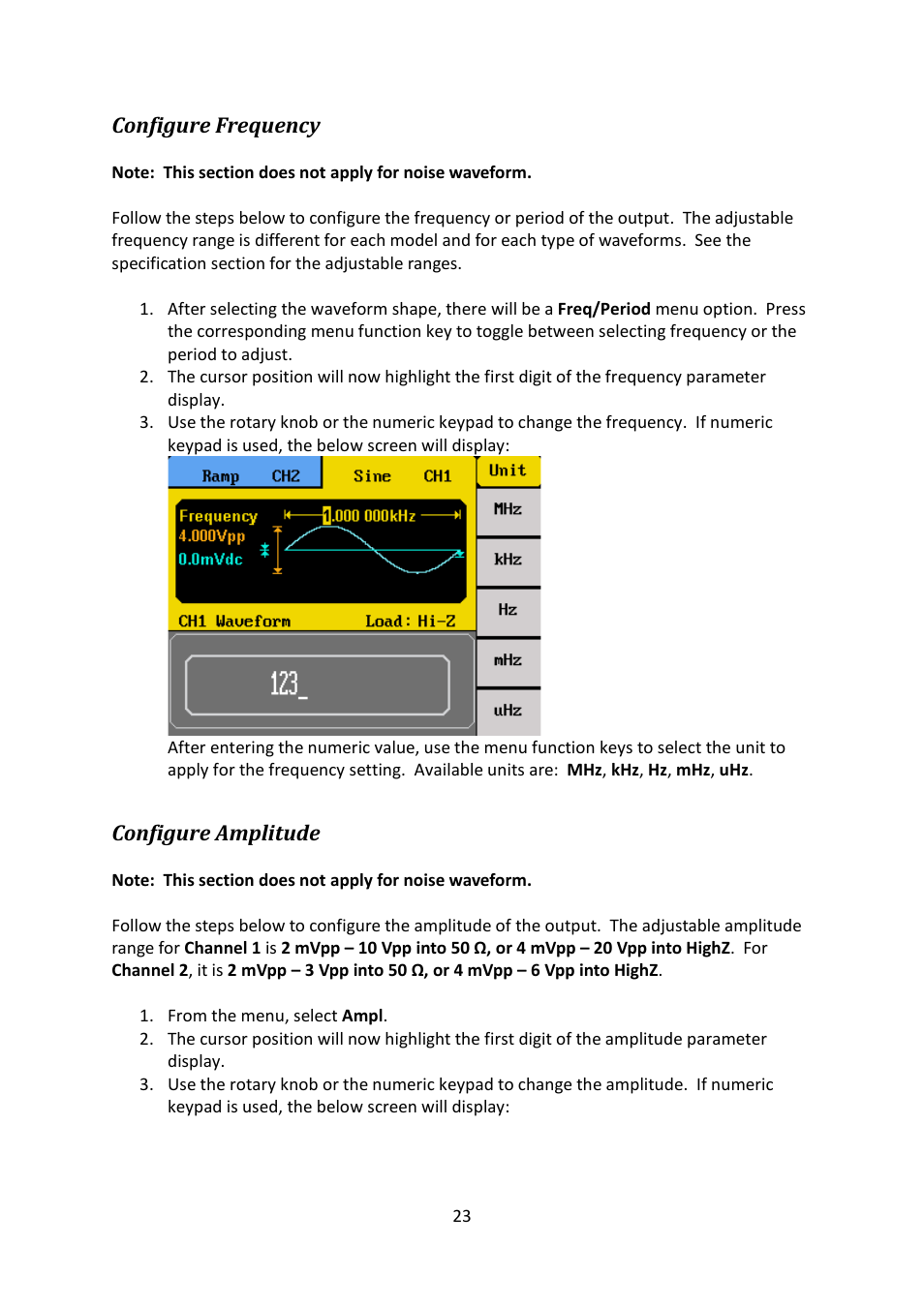 Configure frequency, Configure amplitude | B&K Precision 4052-4055 - Manual User Manual | Page 23 / 78
