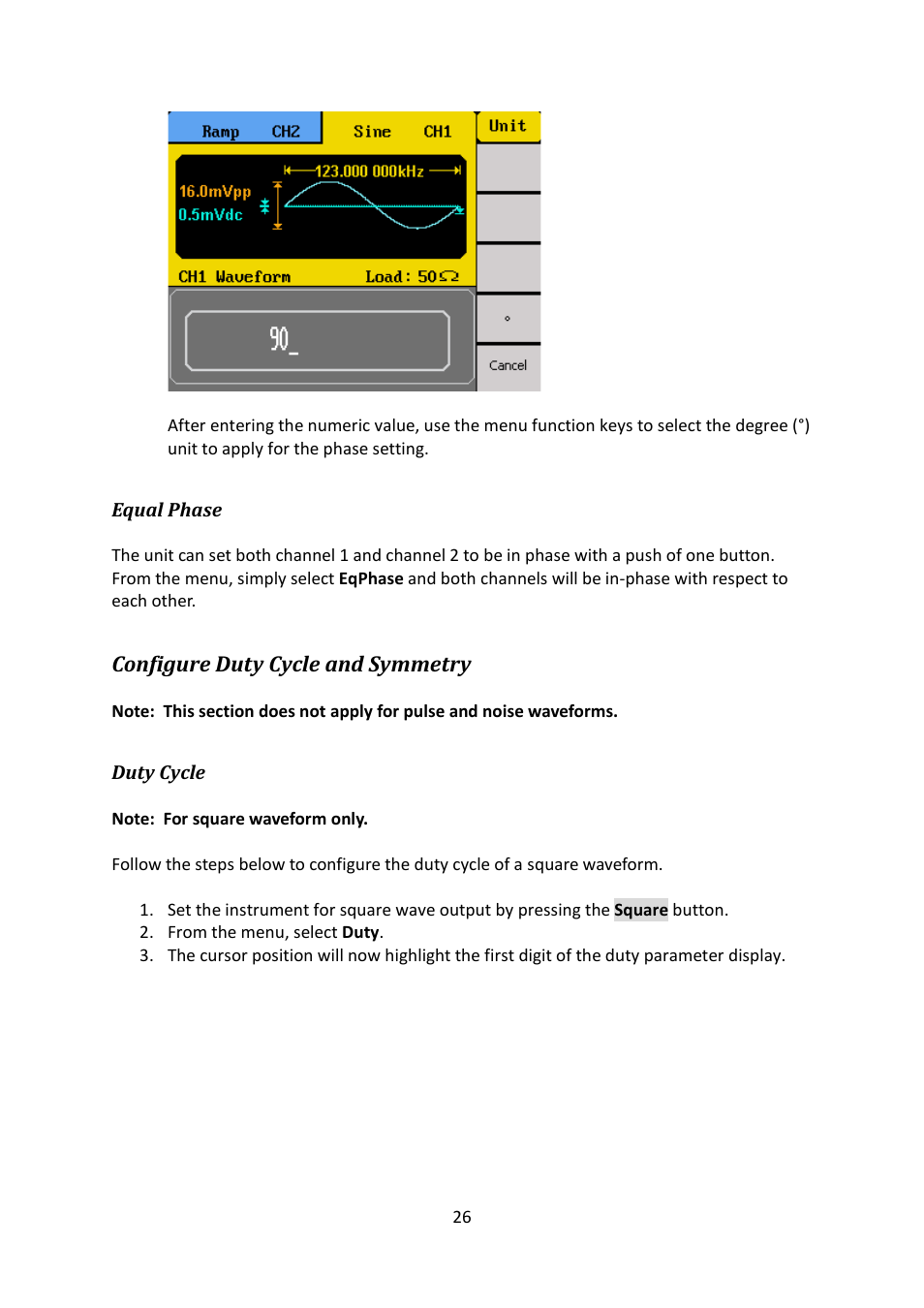 Equal phase, Configure duty cycle and symmetry, Duty cycle | B&K Precision 4052-4055 - Manual User Manual | Page 26 / 78