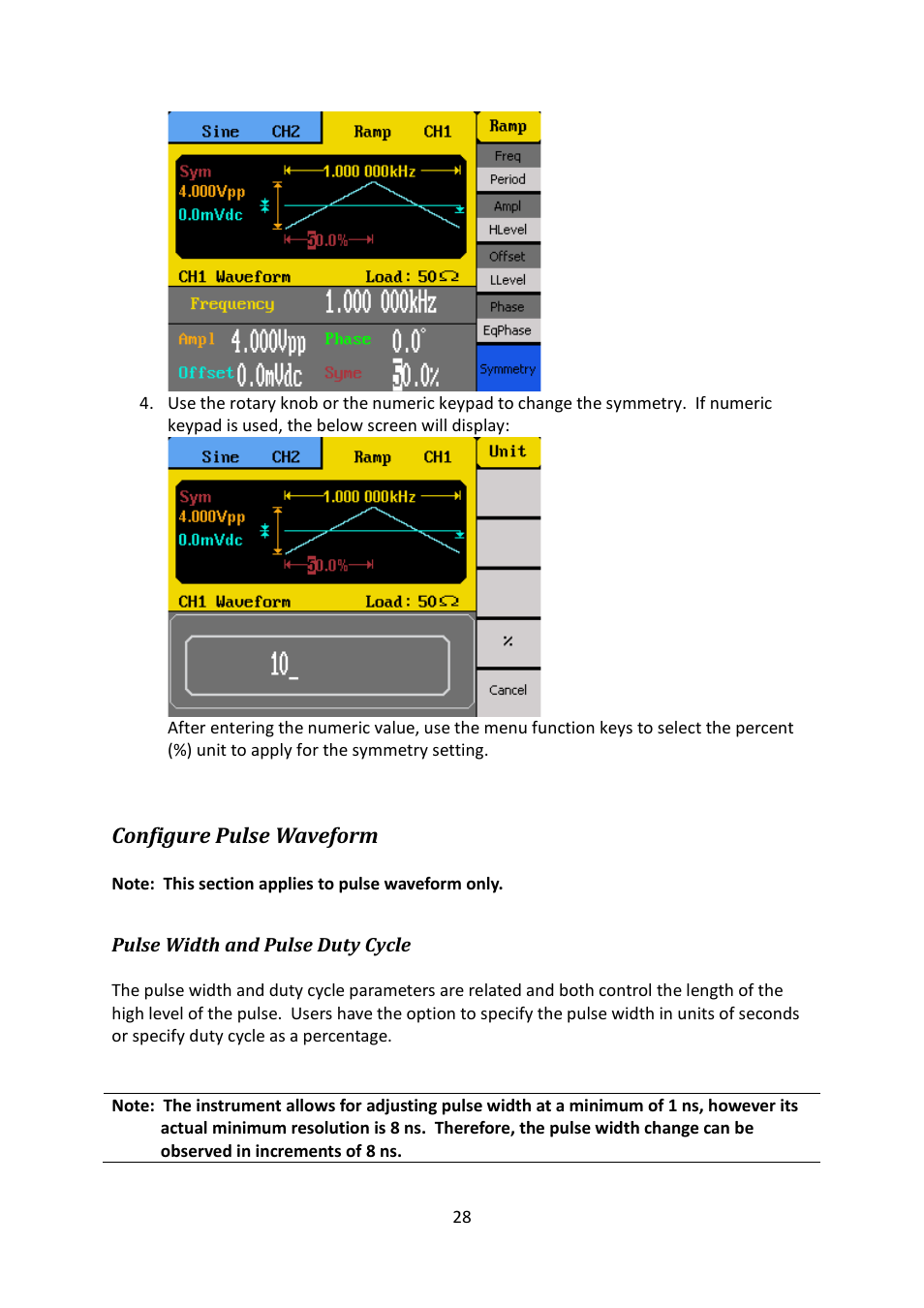 Configure pulse waveform, Pulse width and pulse duty cycle | B&K Precision 4052-4055 - Manual User Manual | Page 28 / 78