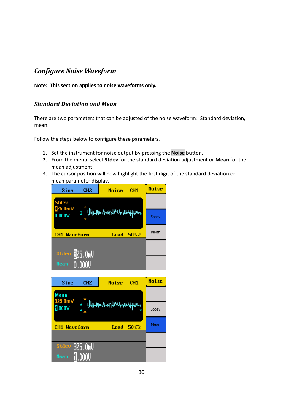 Configure noise waveform, Standard deviation and mean | B&K Precision 4052-4055 - Manual User Manual | Page 30 / 78