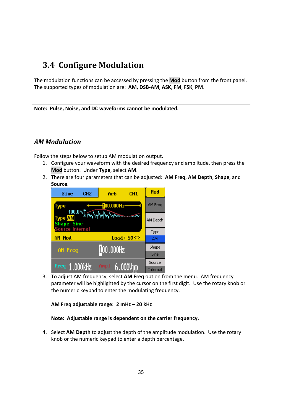 4 configure modulation, Am modulation, Configure modulation | B&K Precision 4052-4055 - Manual User Manual | Page 35 / 78