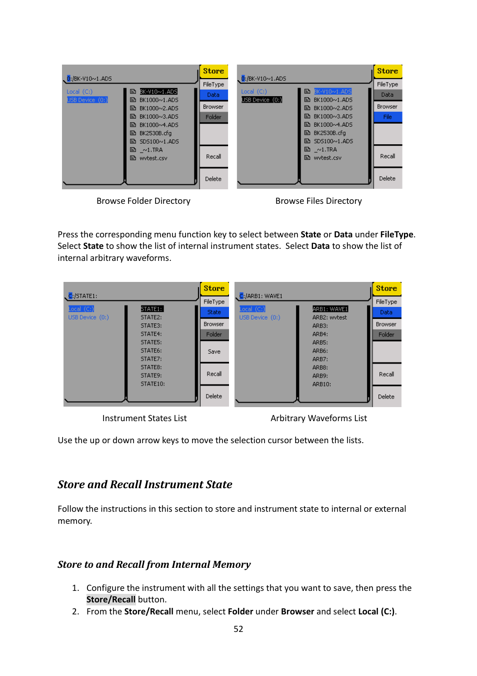 Store and recall instrument state, Store to and recall from internal memory | B&K Precision 4052-4055 - Manual User Manual | Page 52 / 78