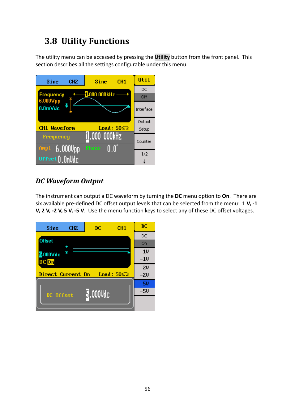 8 utility functions, Dc waveform output, Utility functions | B&K Precision 4052-4055 - Manual User Manual | Page 56 / 78