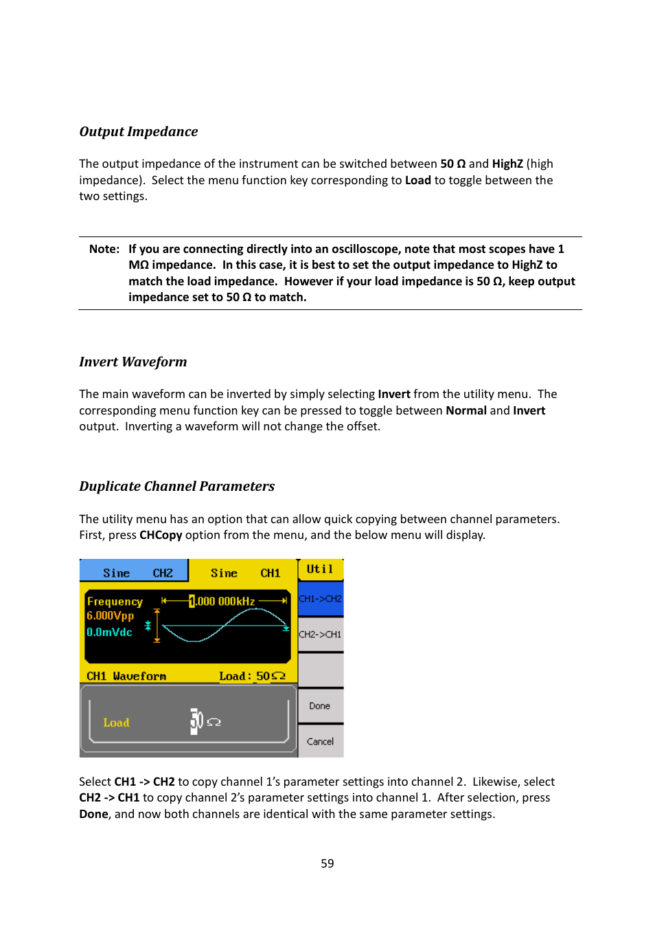Output impedance, Invert waveform, Duplicate channel parameters | B&K Precision 4052-4055 - Manual User Manual | Page 59 / 78