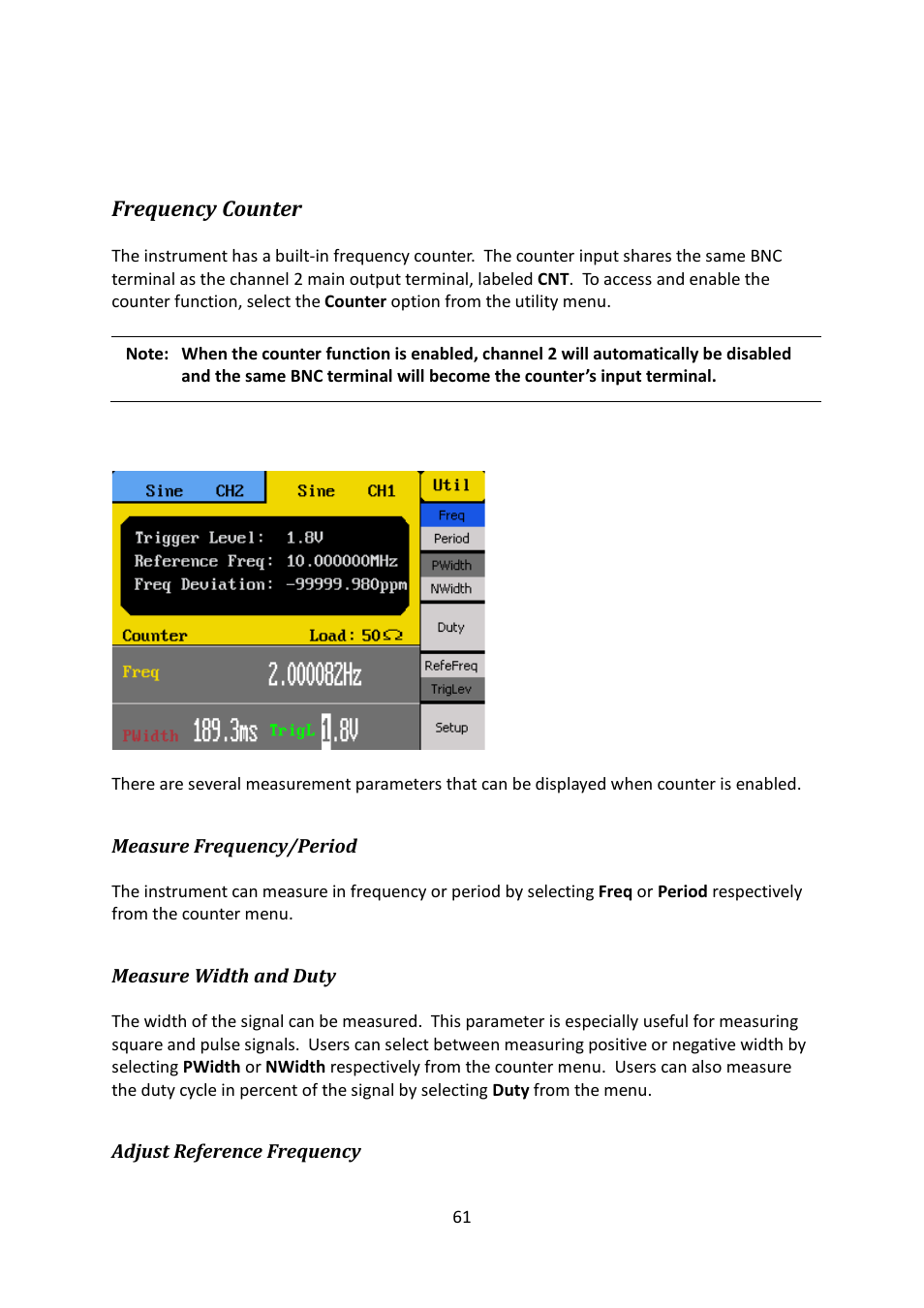 Frequency counter, Measure frequency/period, Measure width and duty | Adjust reference frequency | B&K Precision 4052-4055 - Manual User Manual | Page 61 / 78