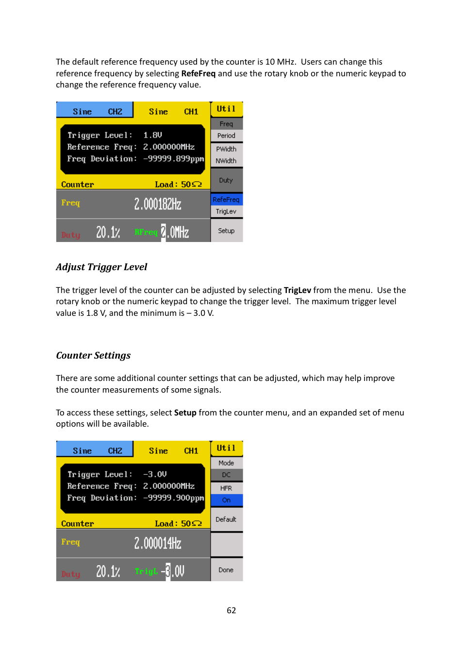Adjust trigger level, Counter settings | B&K Precision 4052-4055 - Manual User Manual | Page 62 / 78