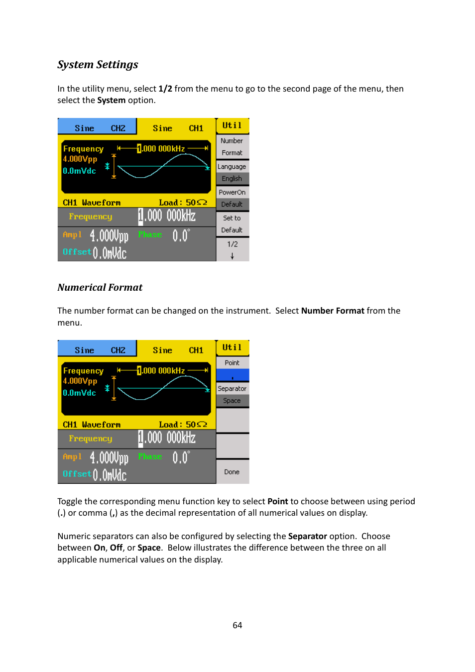 System settings, Numerical format | B&K Precision 4052-4055 - Manual User Manual | Page 64 / 78