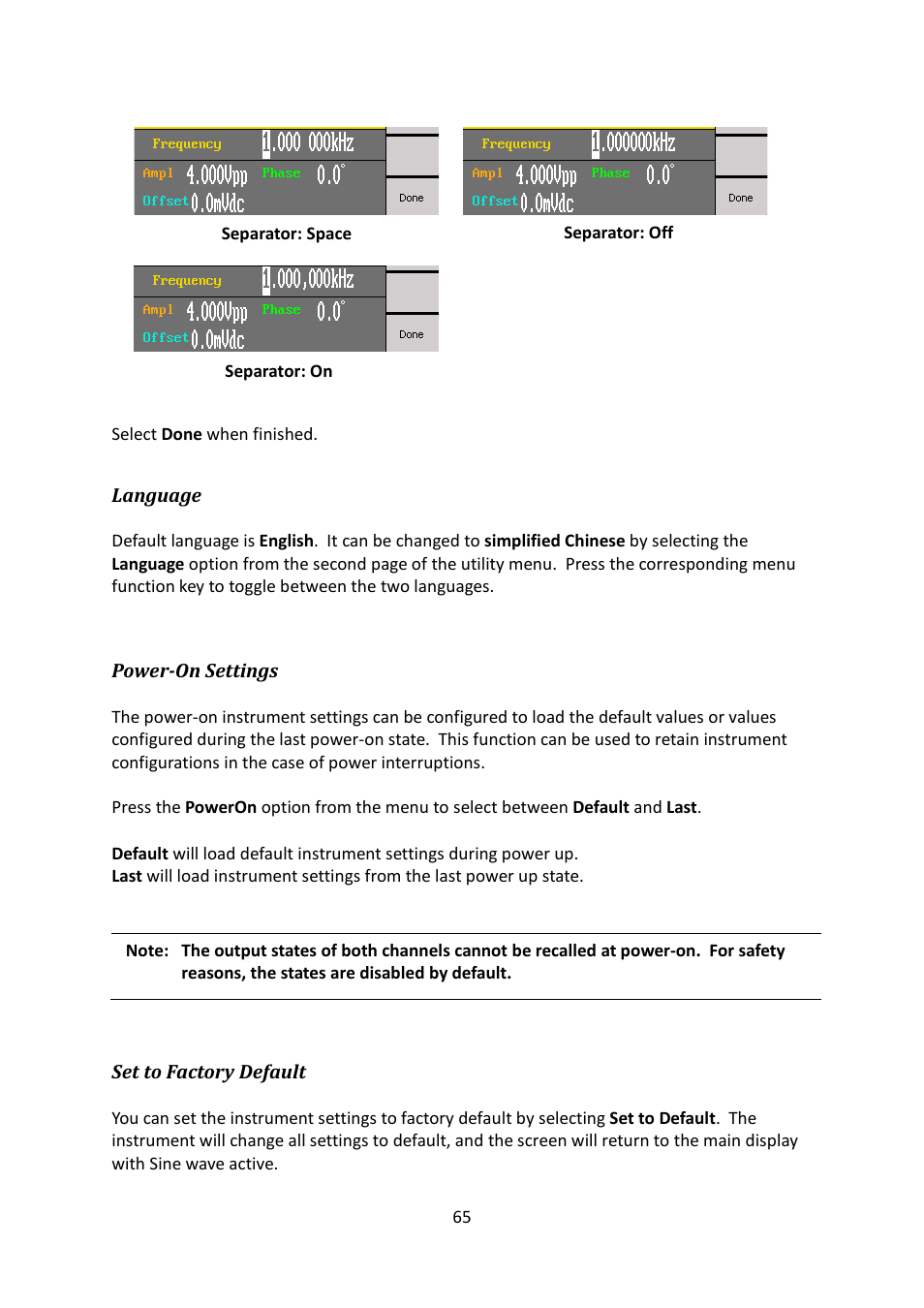 Language, Power-on settings, Set to factory default | B&K Precision 4052-4055 - Manual User Manual | Page 65 / 78