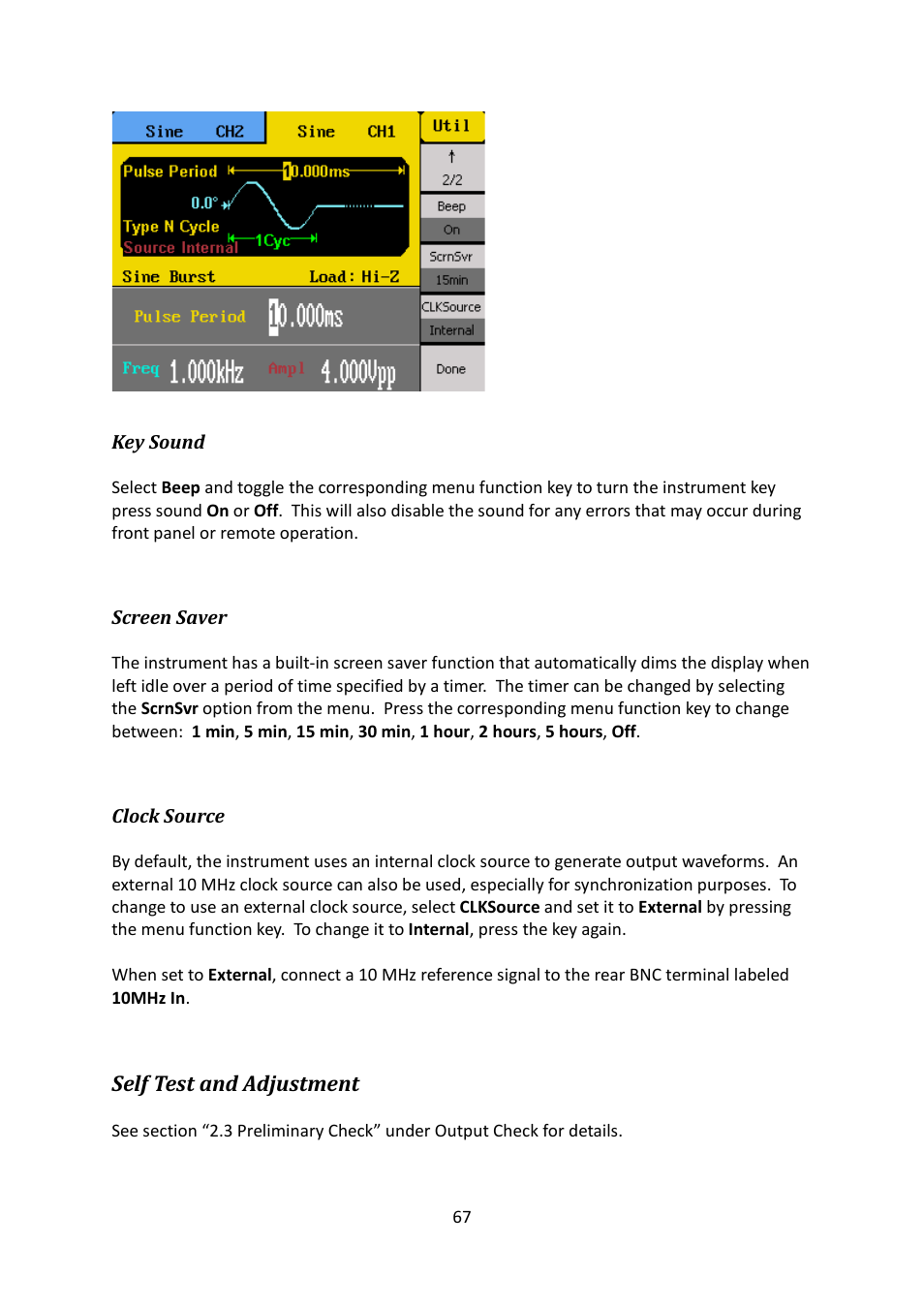 Key sound, Screen saver, Clock source | Self test and adjustment | B&K Precision 4052-4055 - Manual User Manual | Page 67 / 78