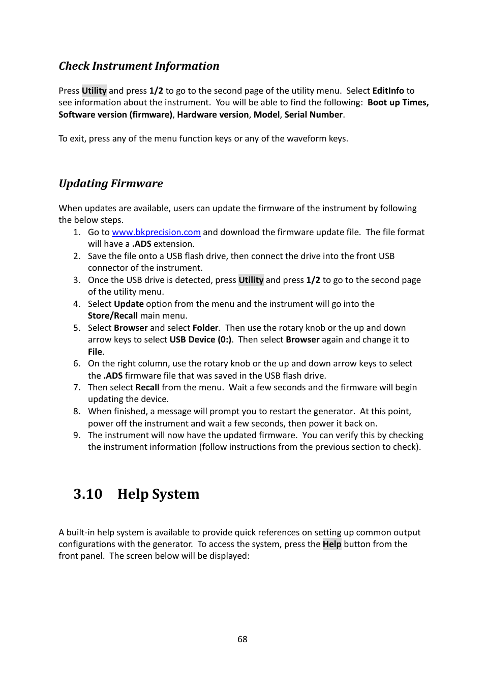 Check instrument information, Updating firmware, 10 help system | Help system | B&K Precision 4052-4055 - Manual User Manual | Page 68 / 78