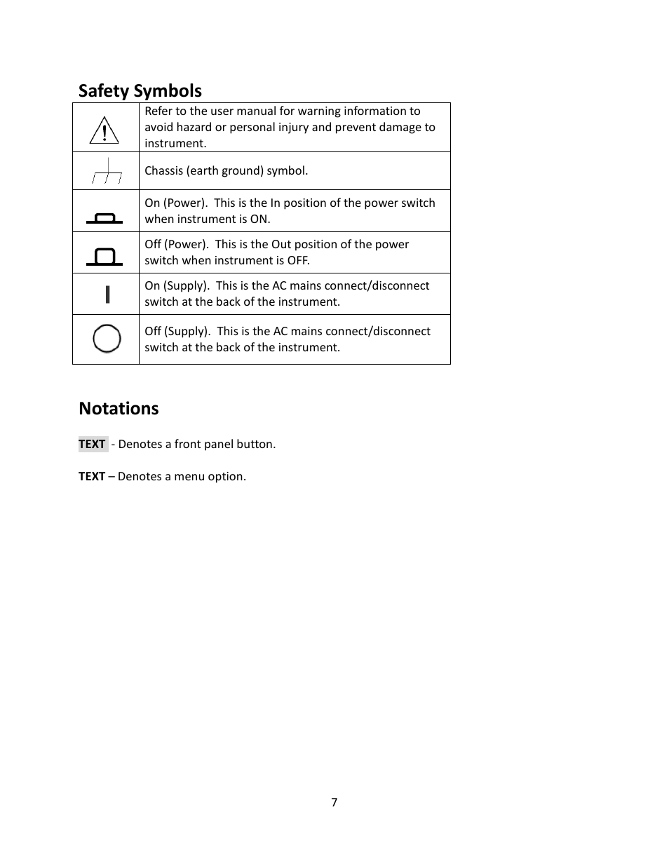 Safety symbols, Notations | B&K Precision 4052-4055 - Manual User Manual | Page 7 / 78