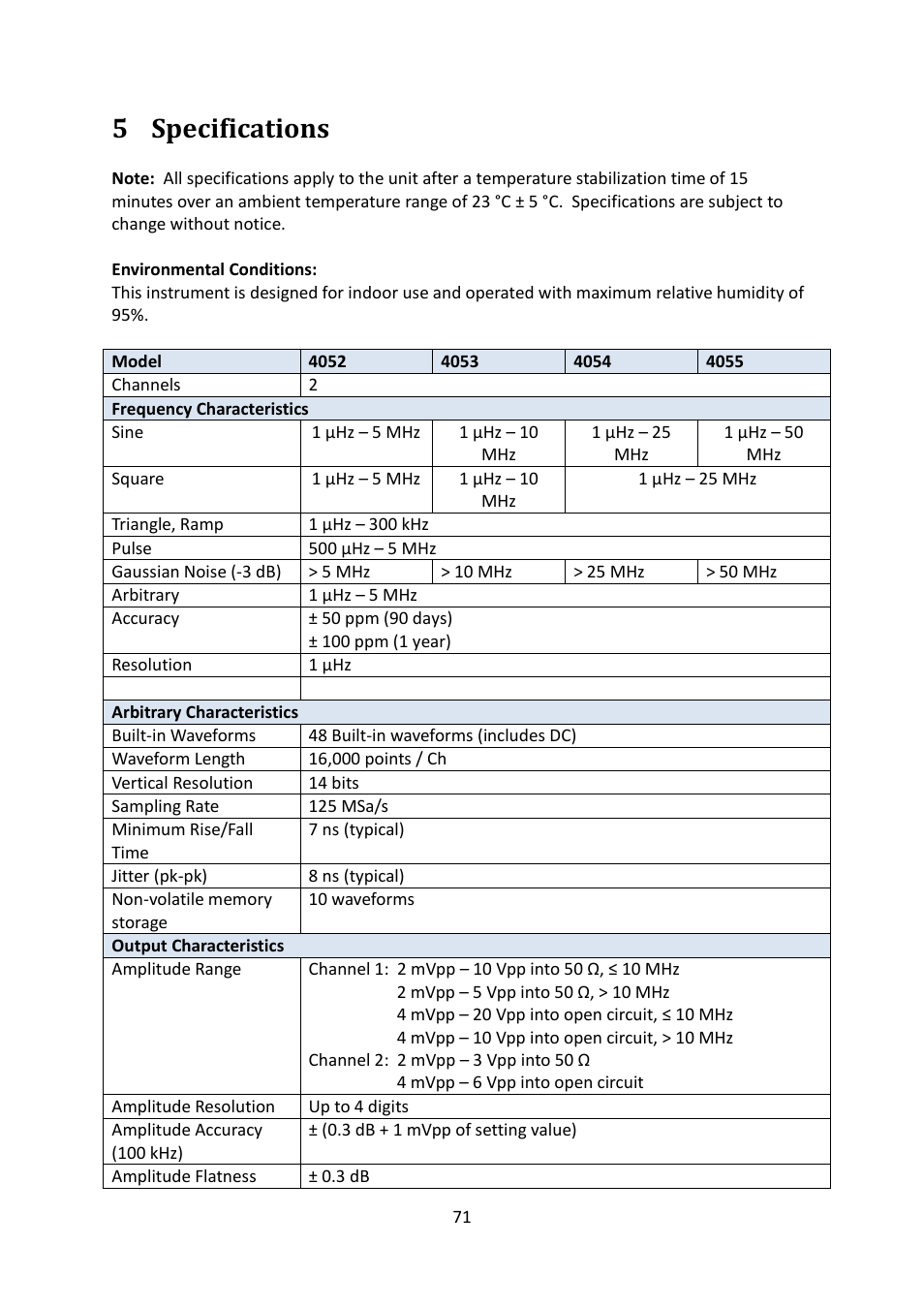 5 specifications, Specifications | B&K Precision 4052-4055 - Manual User Manual | Page 71 / 78