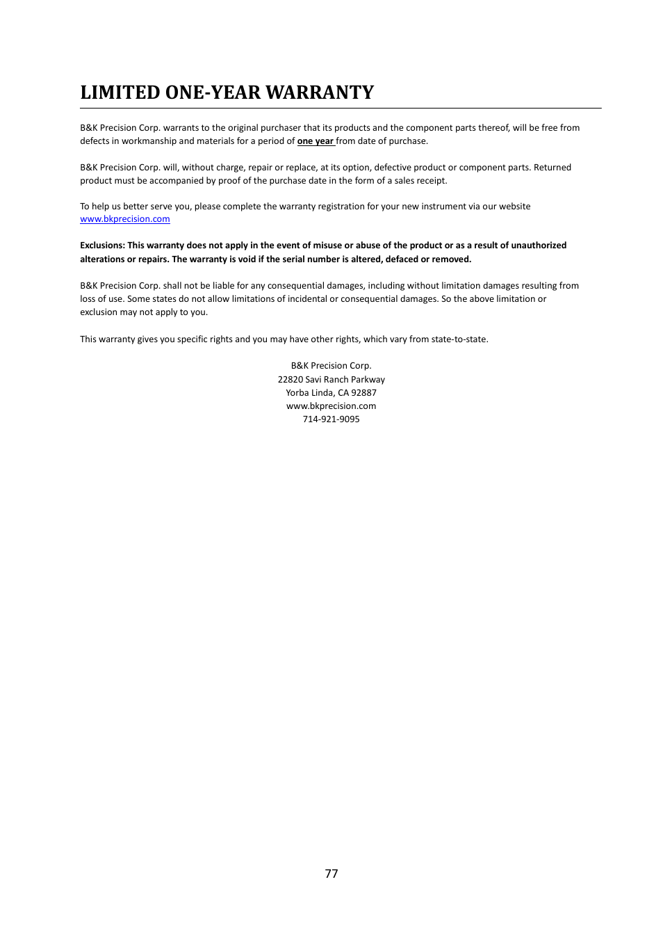Limited one-year warranty | B&K Precision 4052-4055 - Manual User Manual | Page 77 / 78