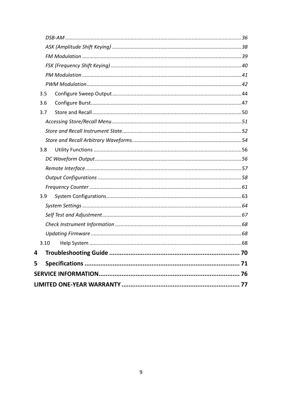 Troubleshooting guide, Specifications, Service information | Limited one-year warranty | B&K Precision 4052-4055 - Manual User Manual | Page 9 / 78