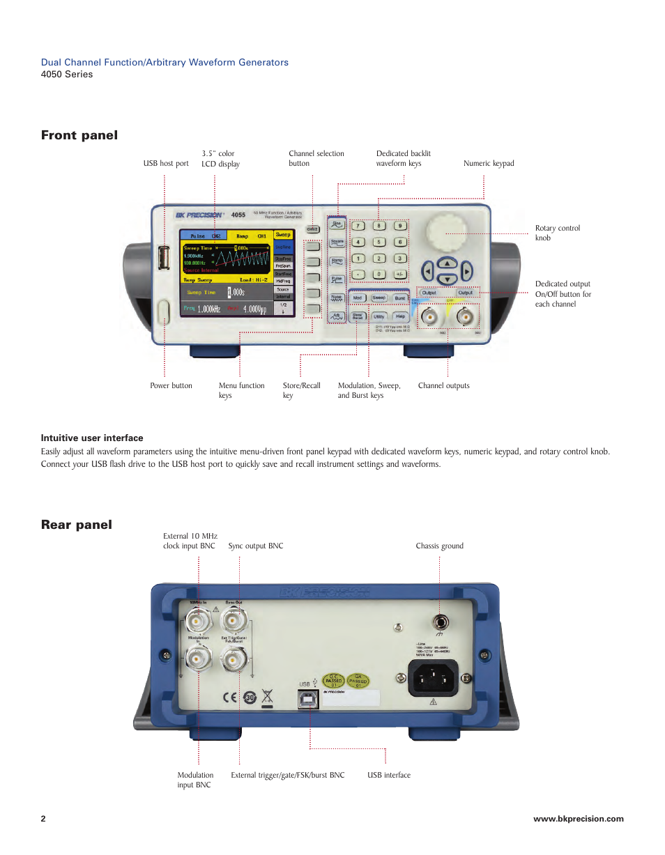 Front panel rear panel | B&K Precision 4052-4055 - Datasheet User Manual | Page 2 / 5