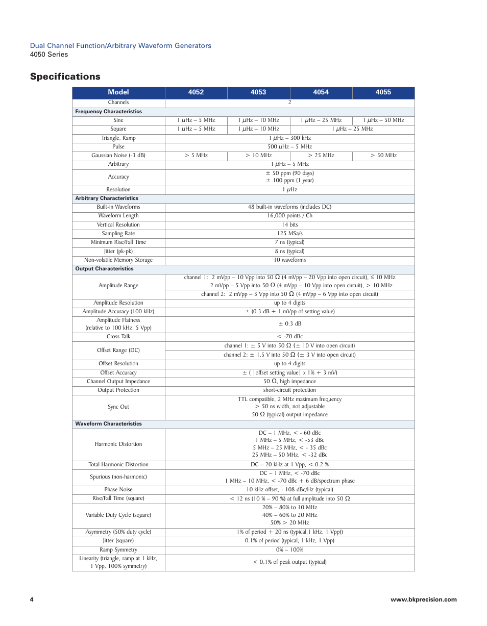 Specifications | B&K Precision 4052-4055 - Datasheet User Manual | Page 4 / 5