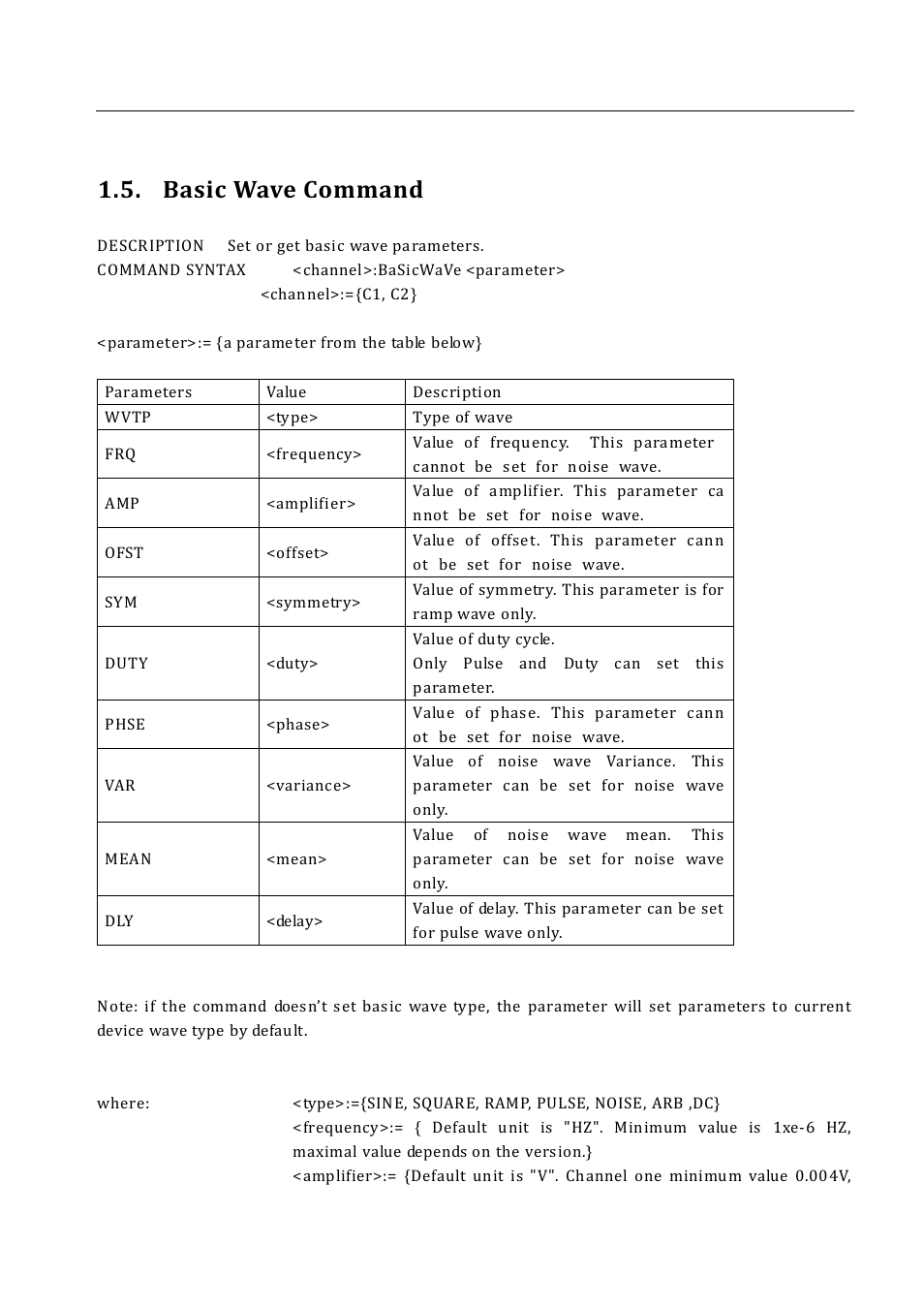 Basic wave command, Bswv | B&K Precision 4052-4055 - Programming Manual User Manual | Page 11 / 33