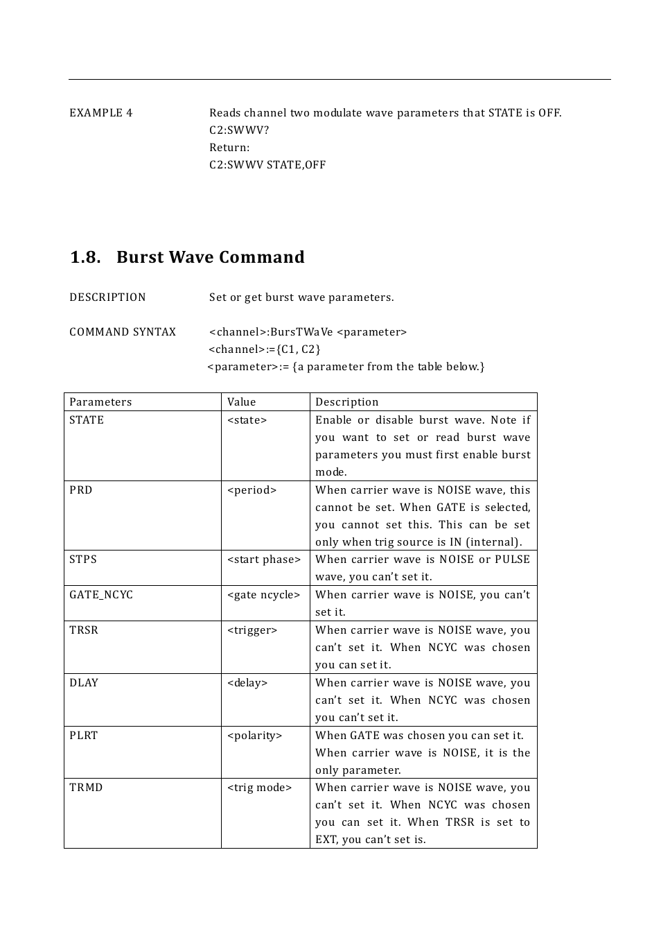 Burst wave command | B&K Precision 4052-4055 - Programming Manual User Manual | Page 19 / 33