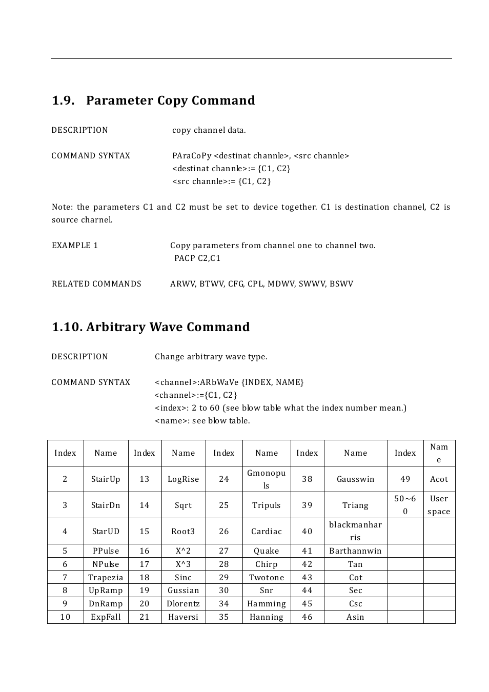 Parameter copy command, Arbitrary wave command | B&K Precision 4052-4055 - Programming Manual User Manual | Page 22 / 33