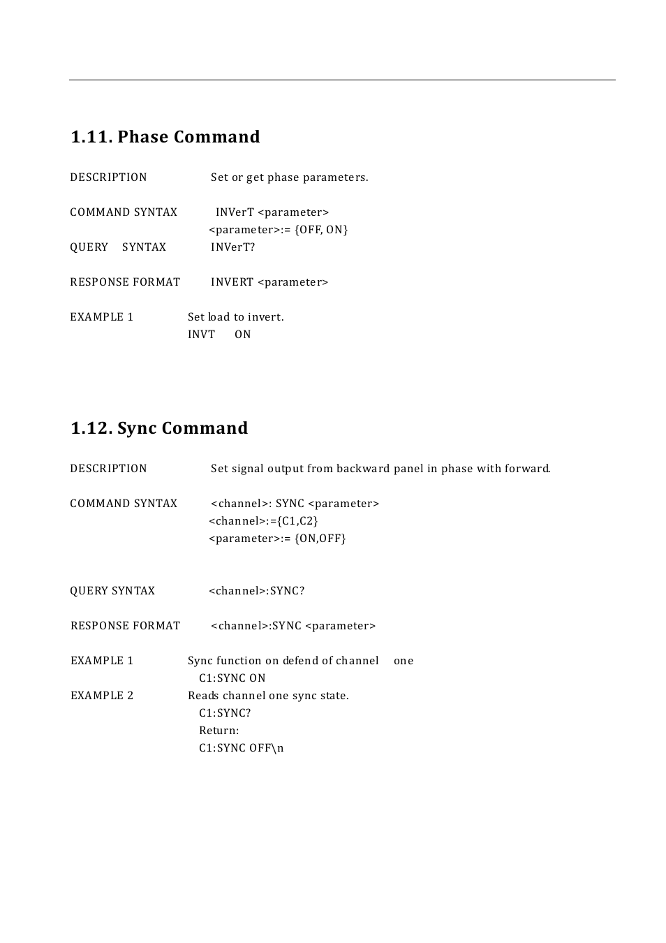 Phase command, Sync command, Phase command 1.12. sync command | Sync | B&K Precision 4052-4055 - Programming Manual User Manual | Page 24 / 33