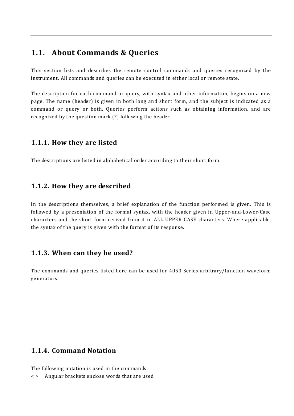About commands & queries, How they are listed, How they are described | When can they be used, Command notation | B&K Precision 4052-4055 - Programming Manual User Manual | Page 5 / 33