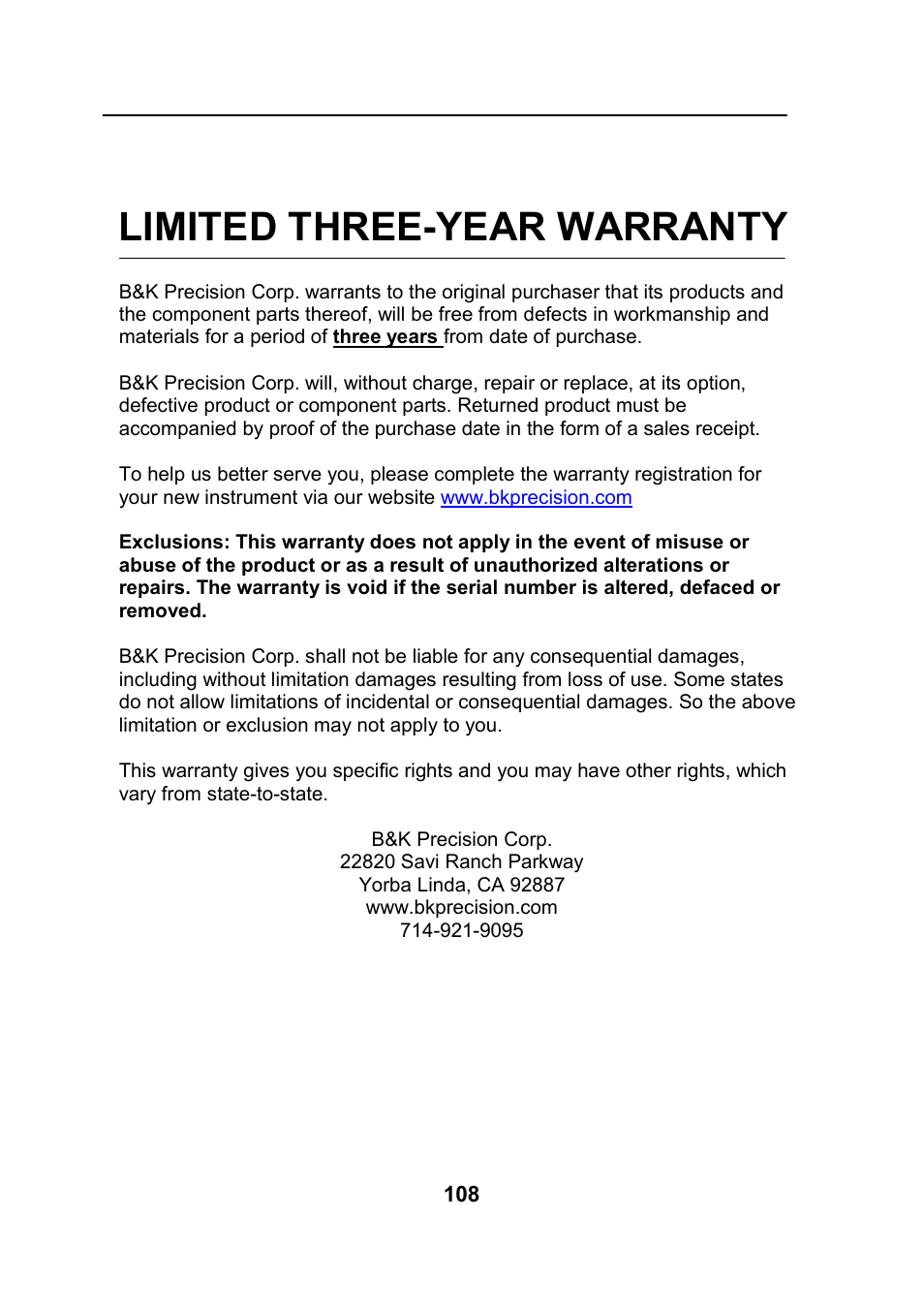 Limited three-year warranty | B&K Precision 4045B - Manual User Manual | Page 108 / 110