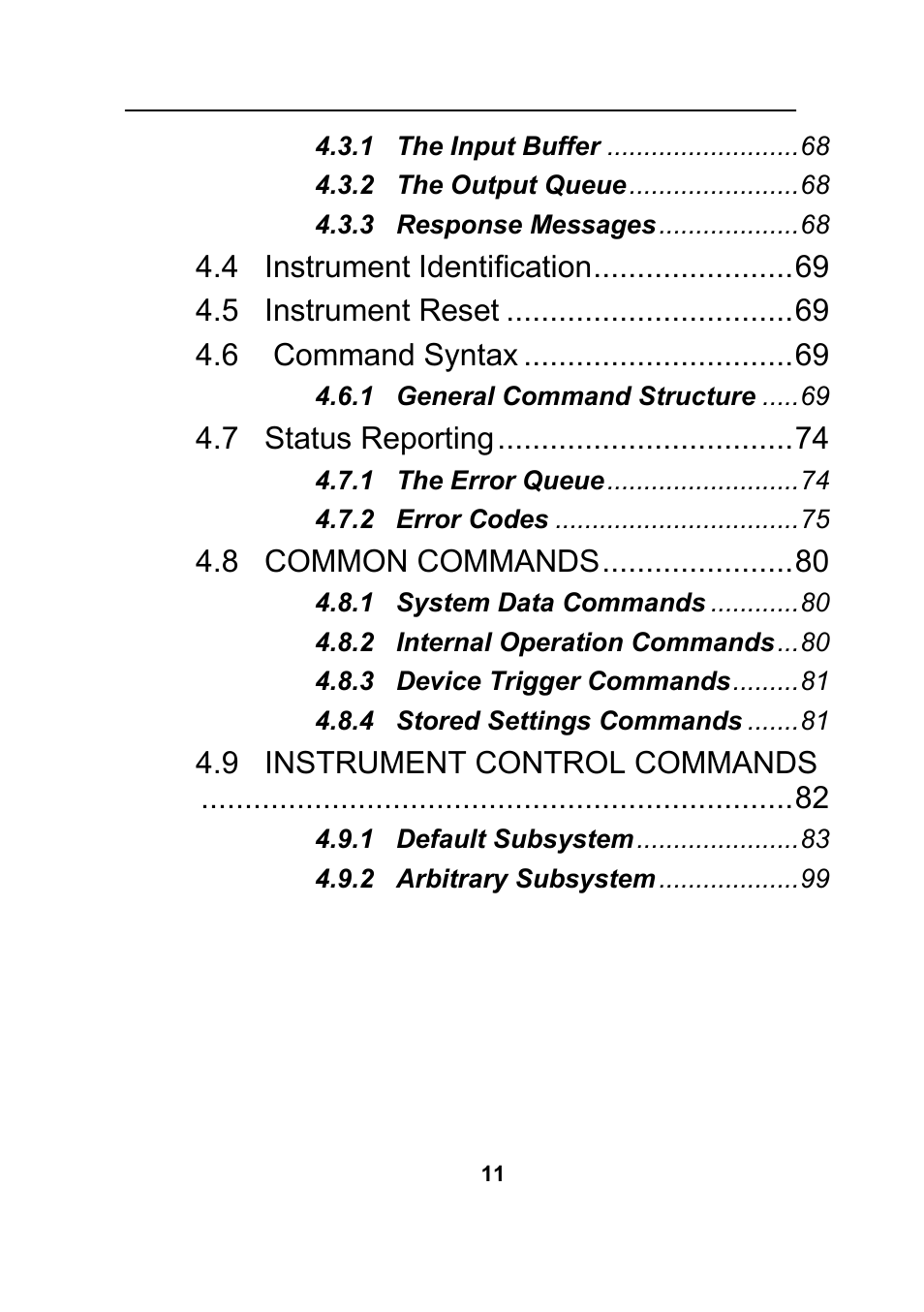 4 instrument identification, 5 instrument reset, 6 command syntax | 7 status reporting, 8 common commands, 9 instrument control commands | B&K Precision 4045B - Manual User Manual | Page 11 / 110