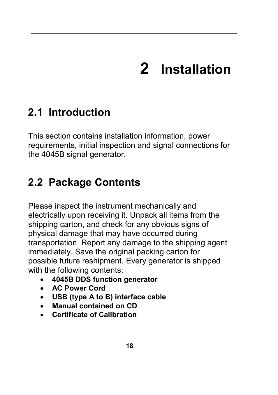 2 installation, 1 introduction, 2 package contents | Installation | B&K Precision 4045B - Manual User Manual | Page 18 / 110