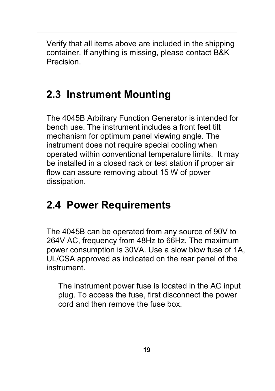 3 instrument mounting, 4 power requirements | B&K Precision 4045B - Manual User Manual | Page 19 / 110