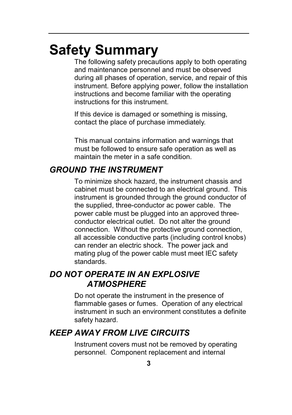 Safety summary, Ground the instrument, Do not operate in an explosive atmosphere | Keep away from live circuits | B&K Precision 4045B - Manual User Manual | Page 3 / 110