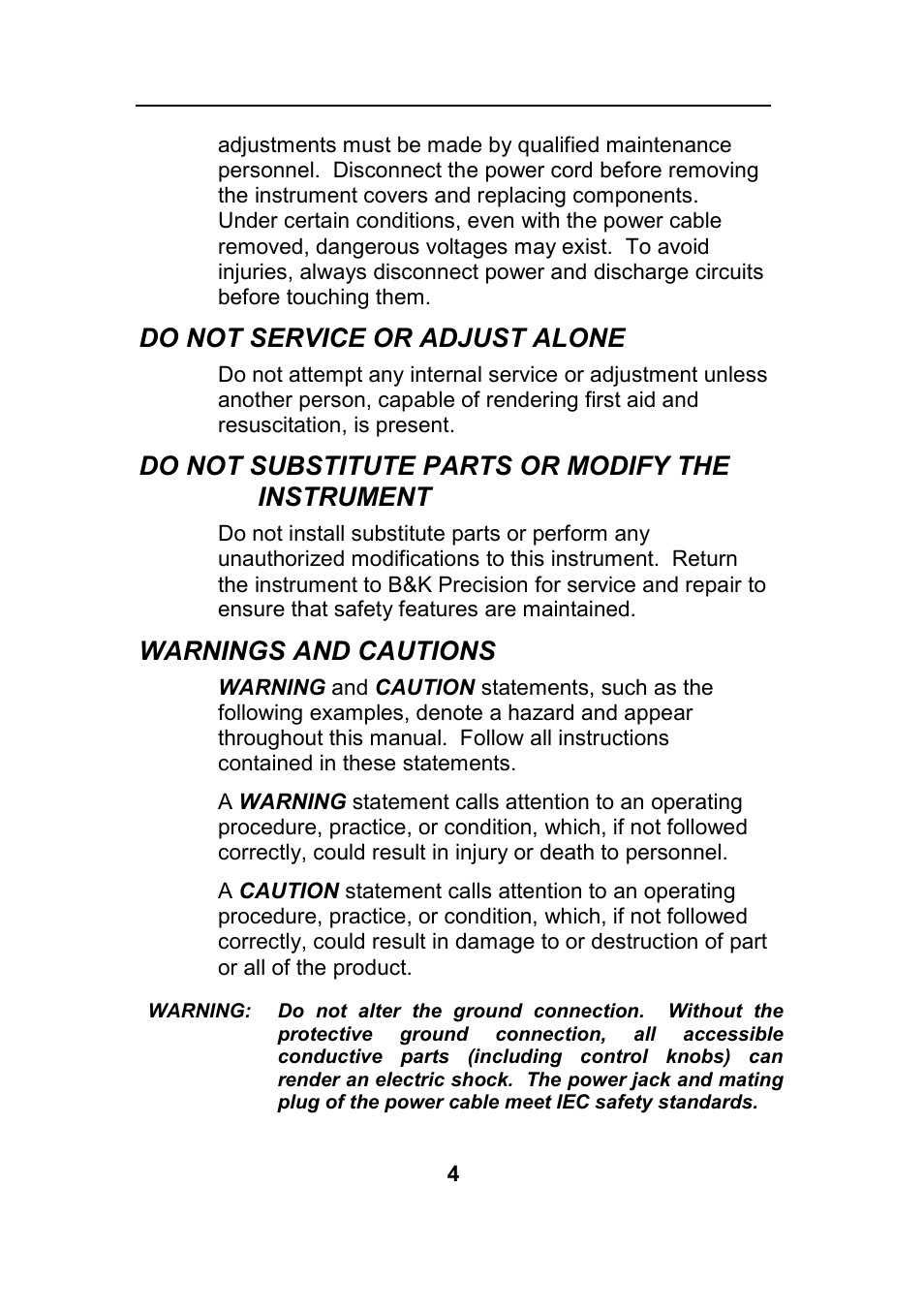 Do not service or adjust alone, Do not substitute parts or modify the instrument, Warnings and cautions | B&K Precision 4045B - Manual User Manual | Page 4 / 110