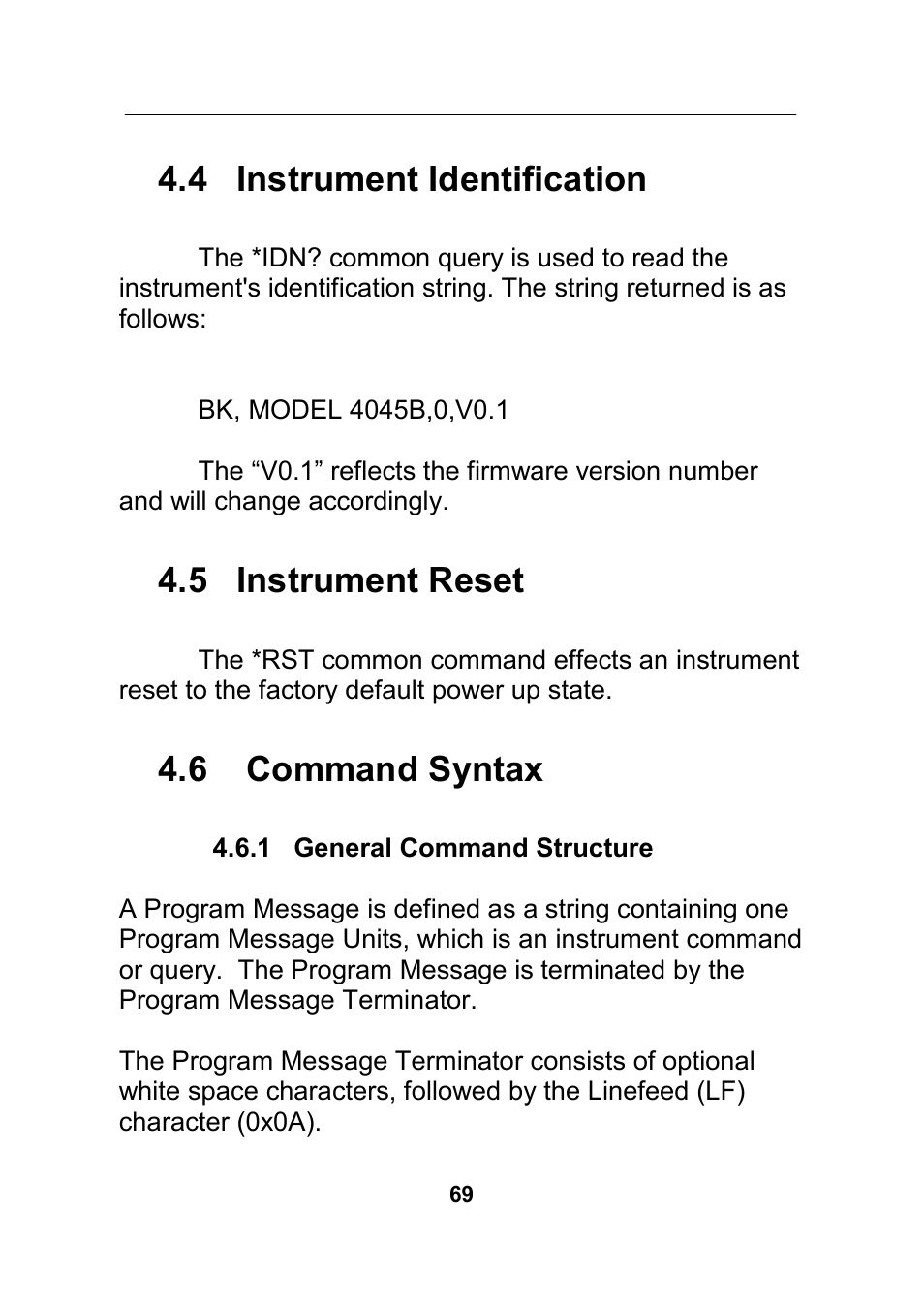 4 instrument identification, 5 instrument reset, 6 command syntax | 1 general command structure | B&K Precision 4045B - Manual User Manual | Page 69 / 110