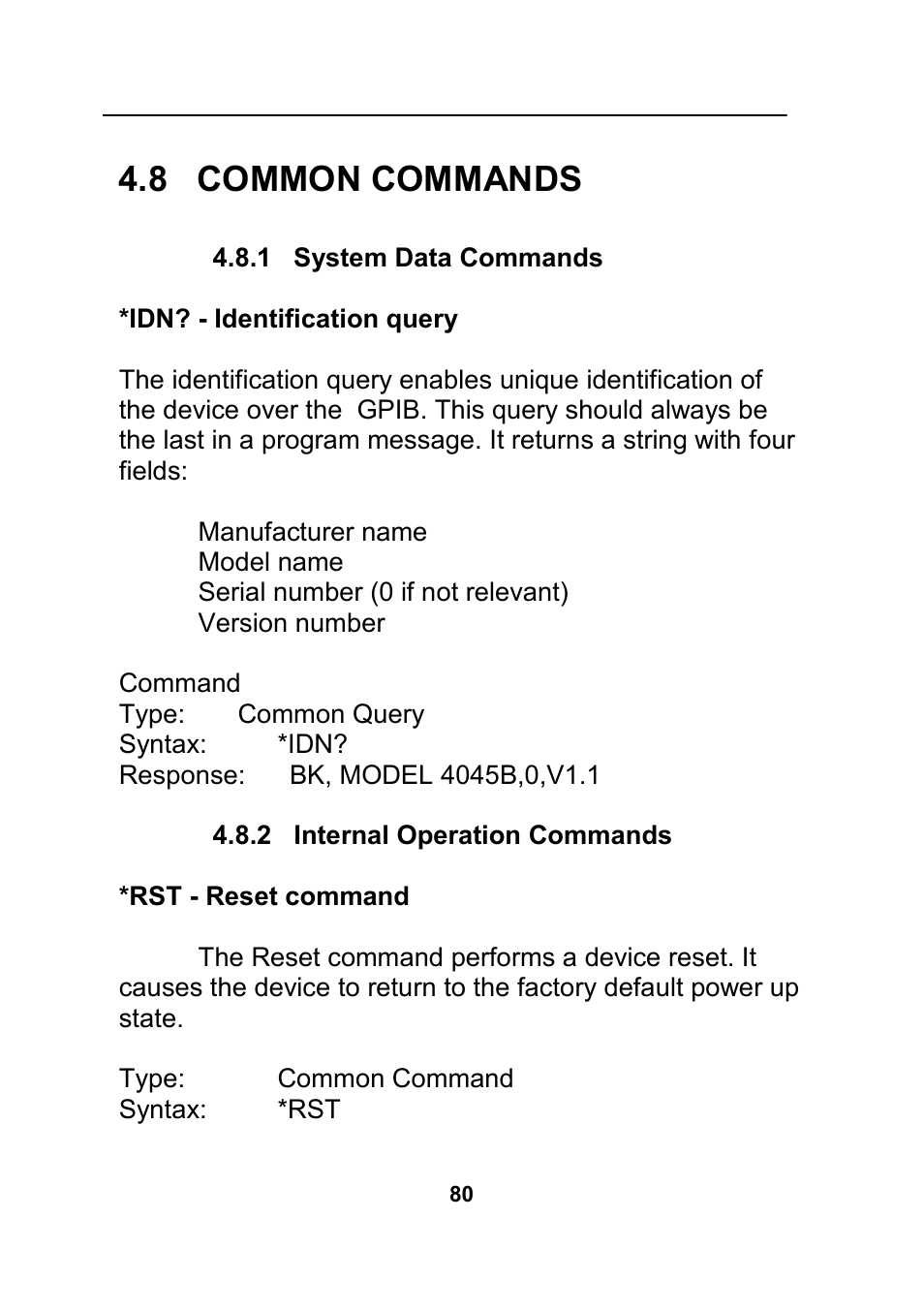 8 common commands, 1 system data commands, 2 internal operation commands | B&K Precision 4045B - Manual User Manual | Page 80 / 110