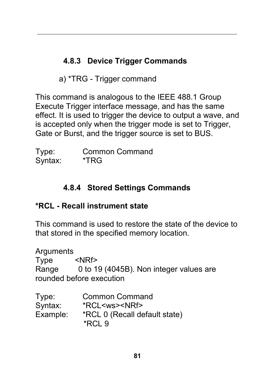 3 device trigger commands, 4 stored settings commands | B&K Precision 4045B - Manual User Manual | Page 81 / 110