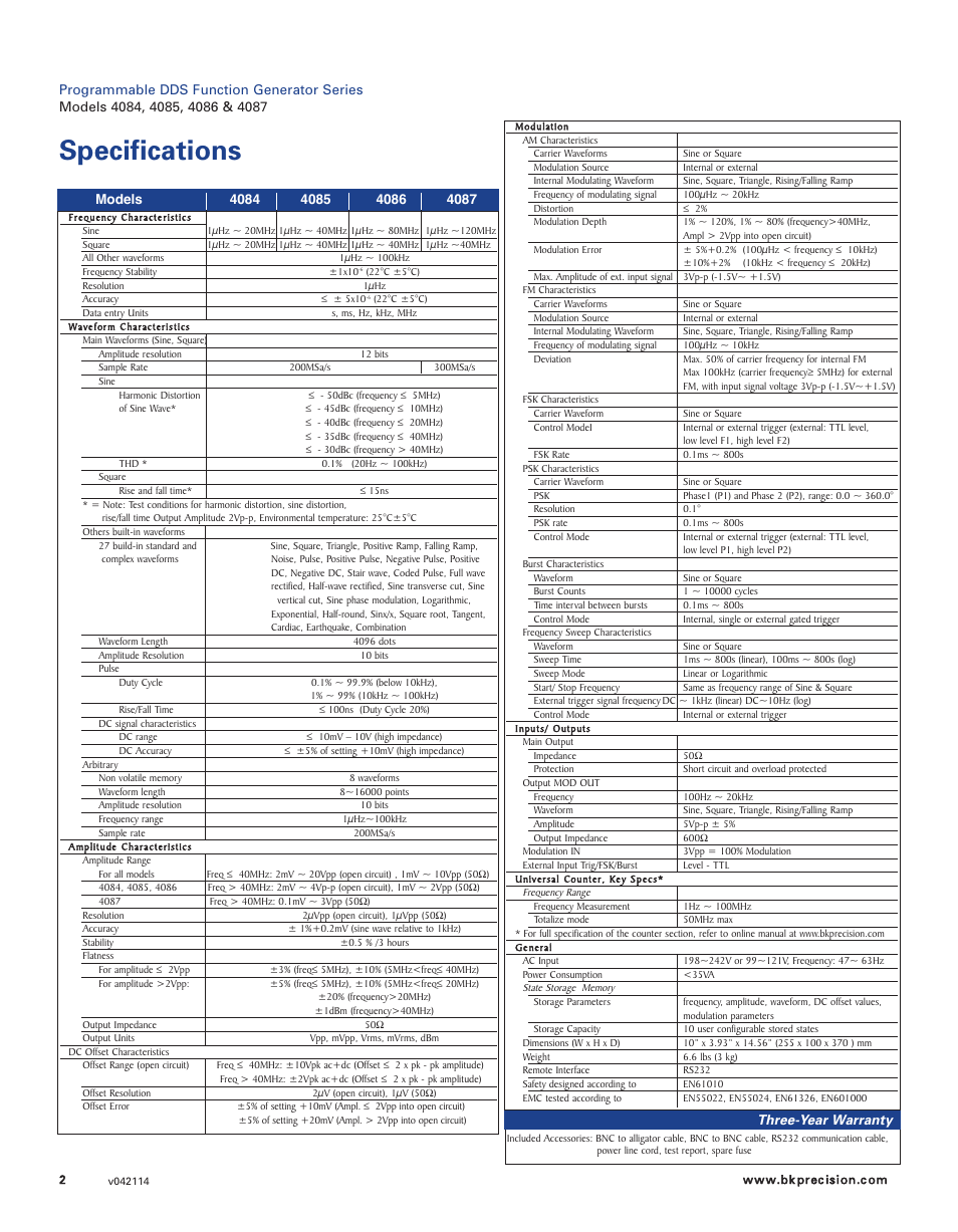 Specifications | B&K Precision 4084-4087 - Datasheet User Manual | Page 2 / 2