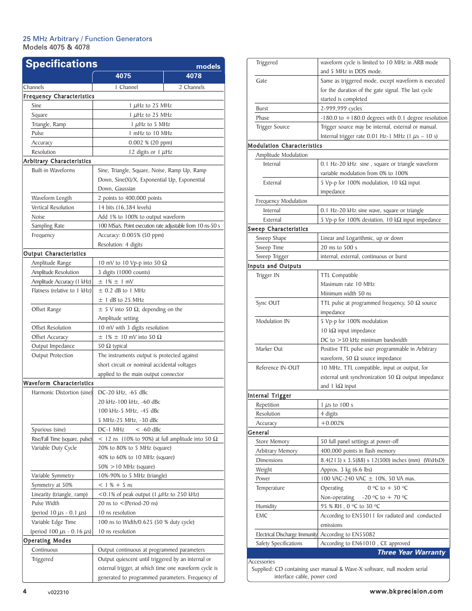 Specifications | B&K Precision 4078 - Datasheet User Manual | Page 4 / 4