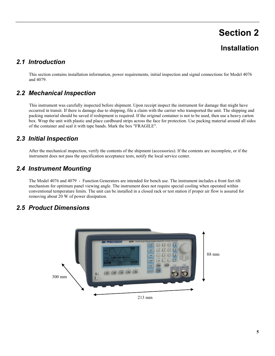 Section 2, Installation, 1 introduction | 2 mechanical inspection, 3 initial inspection, 4 instrument mounting, 5 product dimensions | B&K Precision 4079 - Manual User Manual | Page 11 / 106