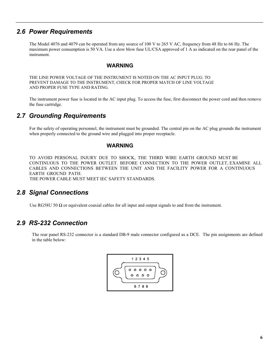 6 power requirements, 7 grounding requirements, 8 signal connections | 9 rs-232 connection | B&K Precision 4079 - Manual User Manual | Page 12 / 106
