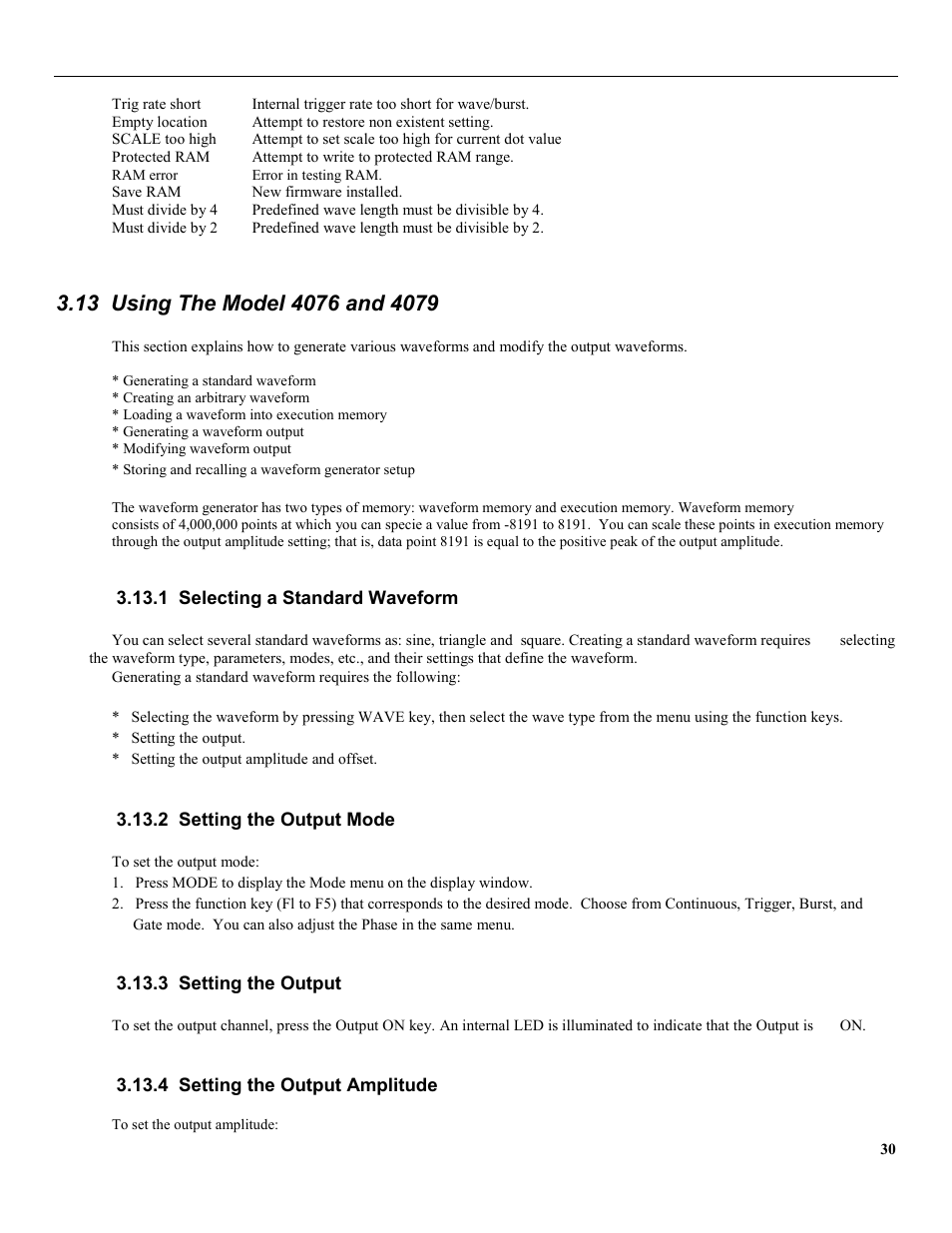 13 using the model 4076 and 4079, 1 selecting a standard waveform, 2 setting the output mode | 3 setting the output, 4 setting the output amplitude | B&K Precision 4079 - Manual User Manual | Page 36 / 106