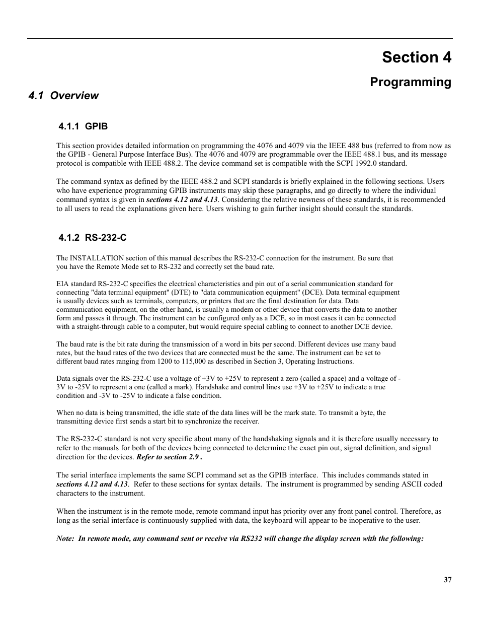 Section 4, Programming, 1 overview | 1 gpib, 2 rs-232-c | B&K Precision 4079 - Manual User Manual | Page 43 / 106