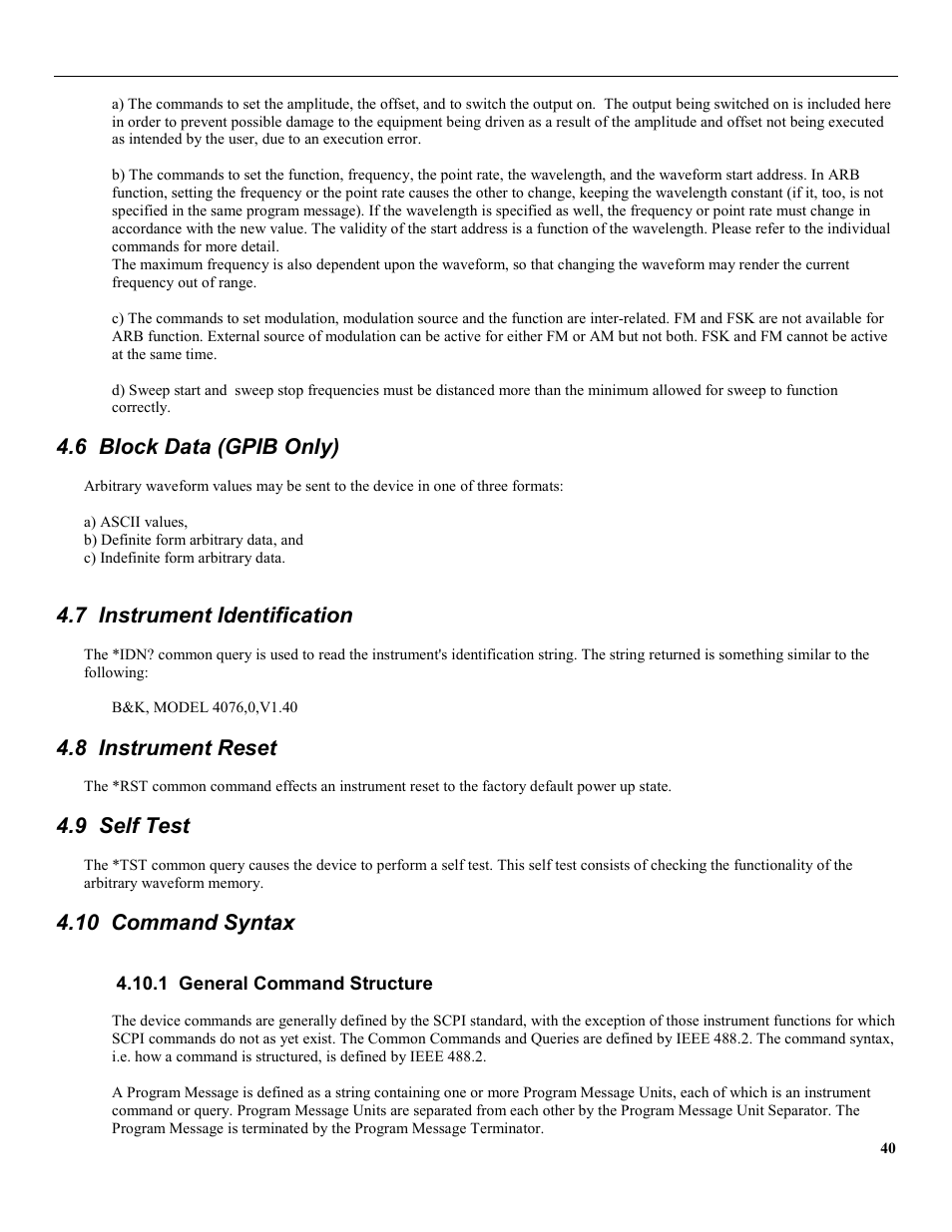 6 block data (gpib only), 7 instrument identification, 8 instrument reset | 9 self test, 10 command syntax, 1 general command structure | B&K Precision 4079 - Manual User Manual | Page 46 / 106