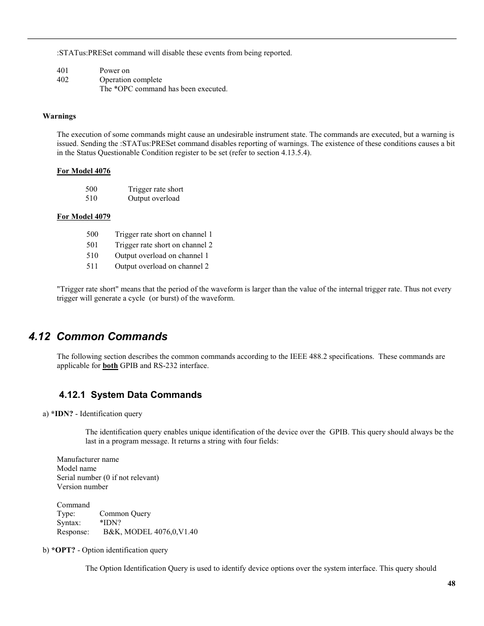 12 common commands, 1 system data commands | B&K Precision 4079 - Manual User Manual | Page 54 / 106