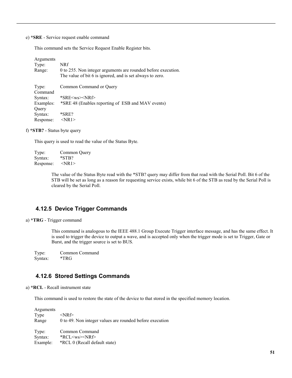 5 device trigger commands, 6 stored settings commands | B&K Precision 4079 - Manual User Manual | Page 57 / 106